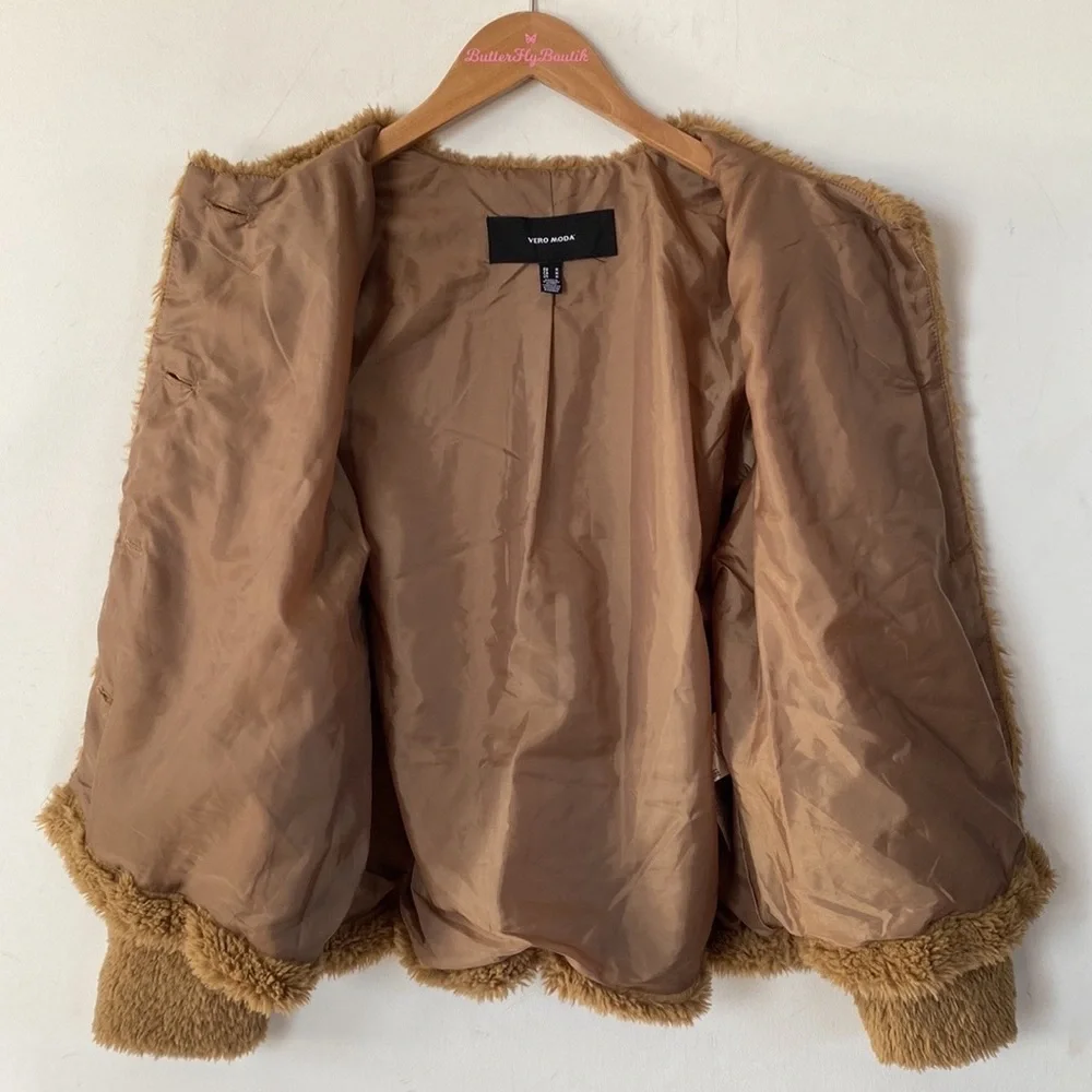 Vero Moda Cozy Amanda Short Teddy Jacket Brown Faux Shearling Women’s, Sz Medium